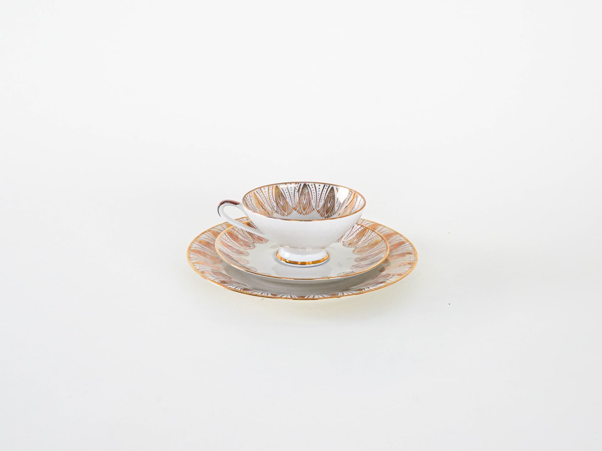 Zestaw filiżanka ze spodkiem i talerzykiem, art déco, porcelana biała złocona, Bavaria Elfenbein Porzellan, Niemcy, lata 70. - 262279