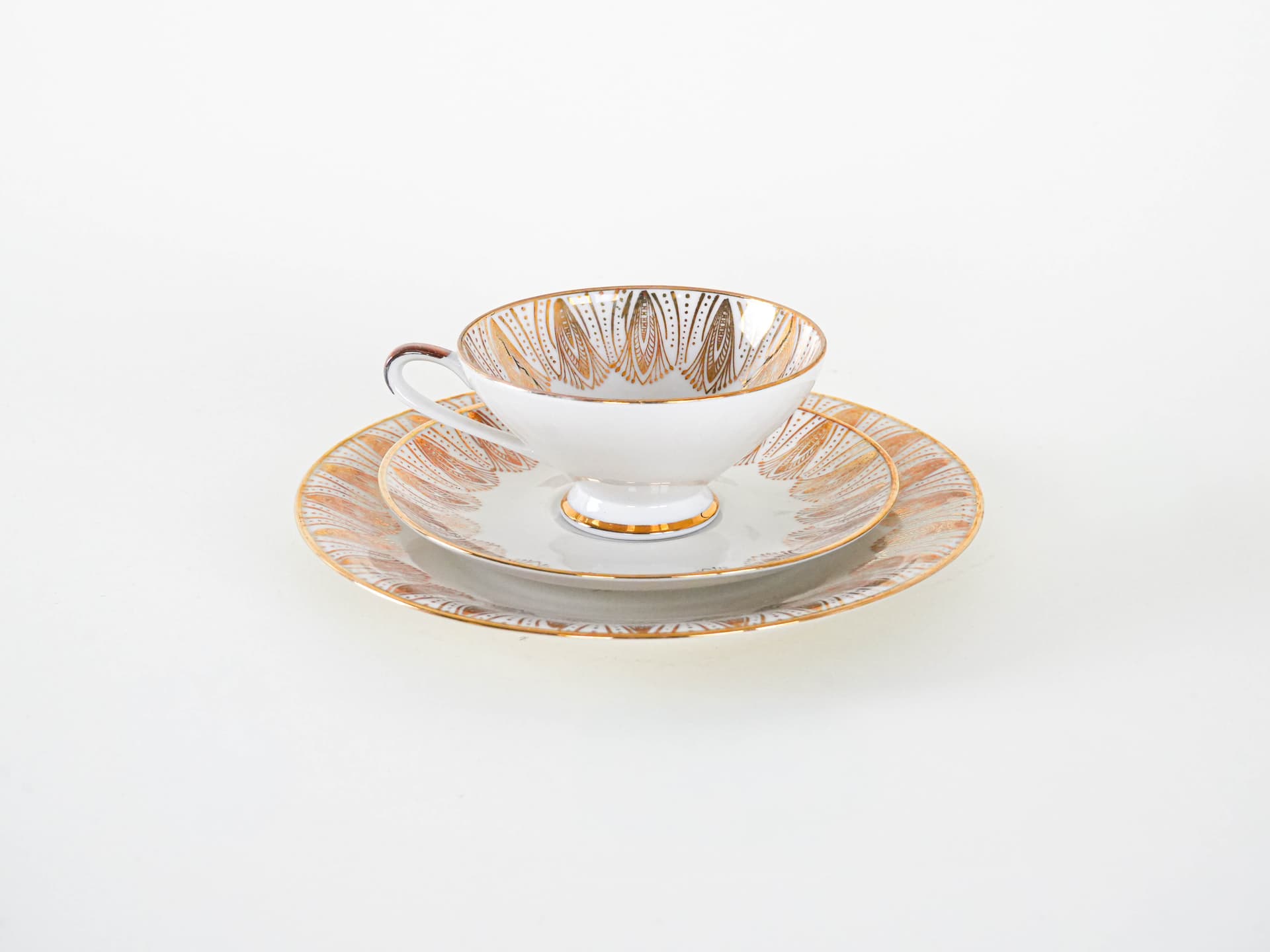 Zestaw filiżanka ze spodkiem i talerzykiem, art déco, porcelana biała złocona, Bavaria Elfenbein Porzellan, Niemcy, lata 70. - 262280