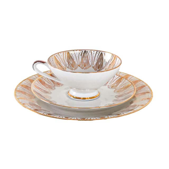 Zestaw filiżanka ze spodkiem i talerzykiem, art déco, porcelana biała złocona, Bavaria Elfenbein Porzellan, Niemcy, lata 70. - WYMIARY