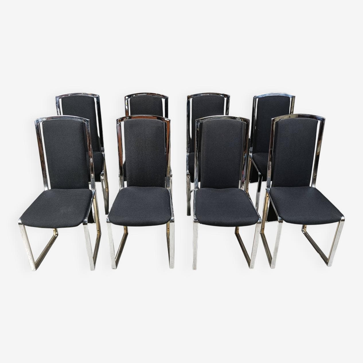 Set of Eight Dining Chairs, black fabric, chrome, brass, Belgium, 1970s - 264299