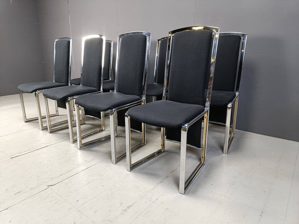 Set of Eight Dining Chairs, black fabric, chrome, brass, Belgium, 1970s - 264303