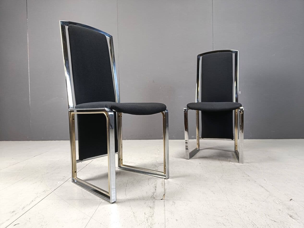 Set of Eight Dining Chairs, black fabric, chrome, brass, Belgium, 1970s - 264305