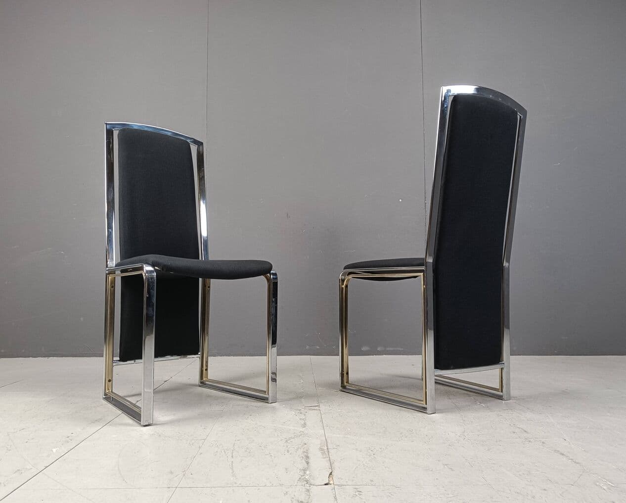Set of Eight Dining Chairs, black fabric, chrome, brass, Belgium, 1970s - 264307