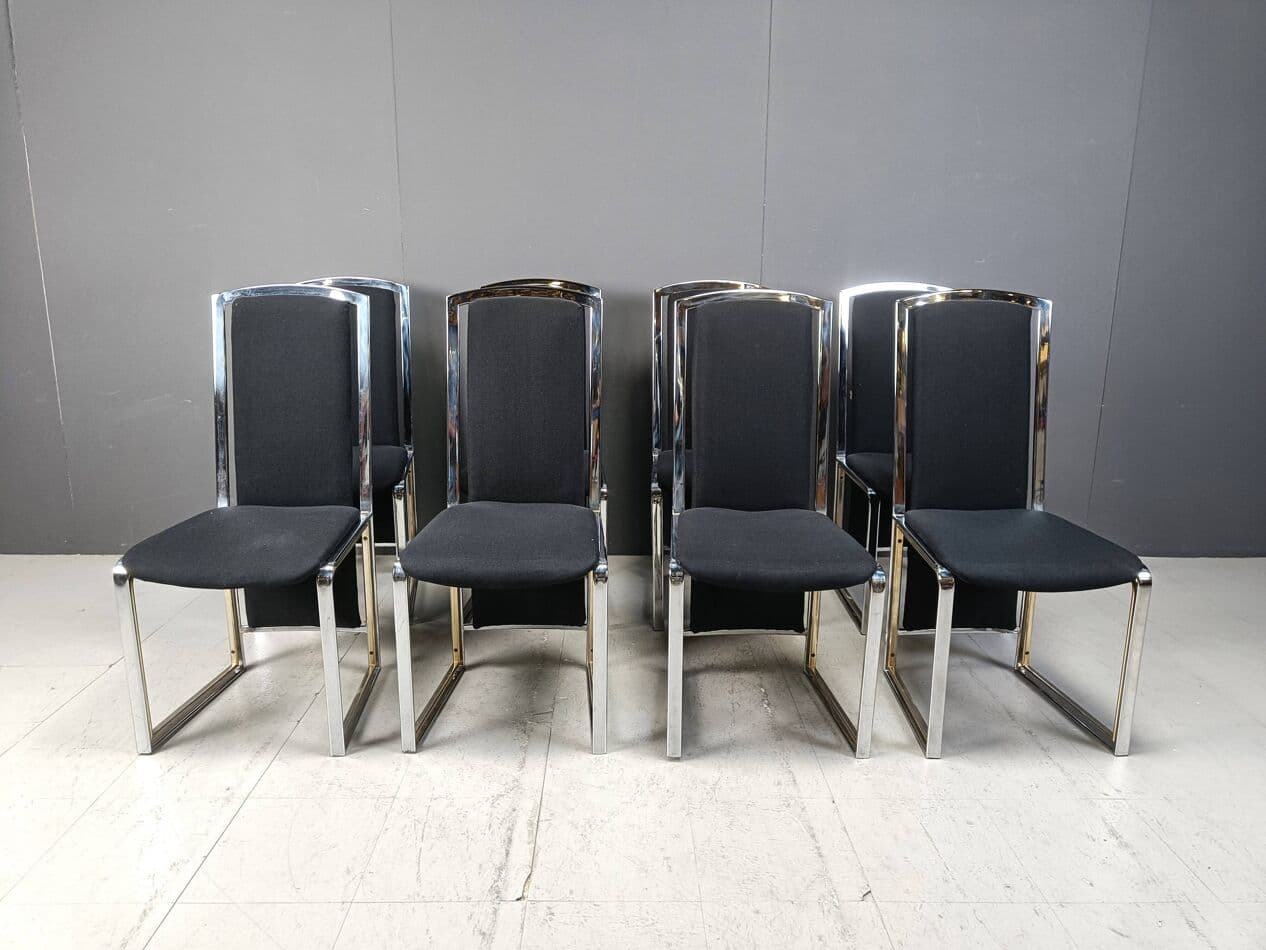 Set of Eight Dining Chairs, black fabric, chrome, brass, Belgium, 1970s - 264300