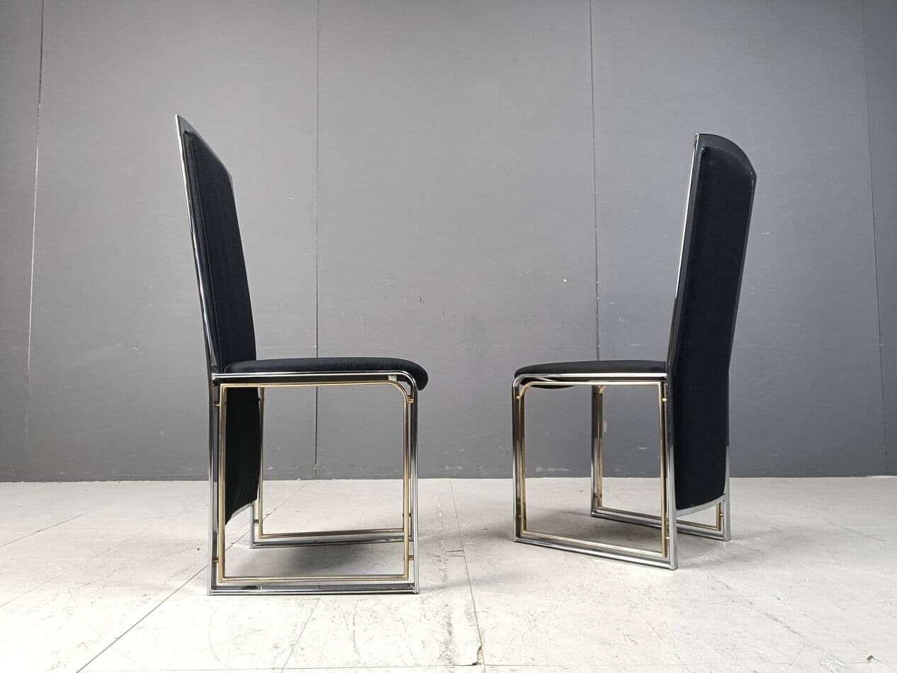 Set of Eight Dining Chairs, black fabric, chrome, brass, Belgium, 1970s - 264306