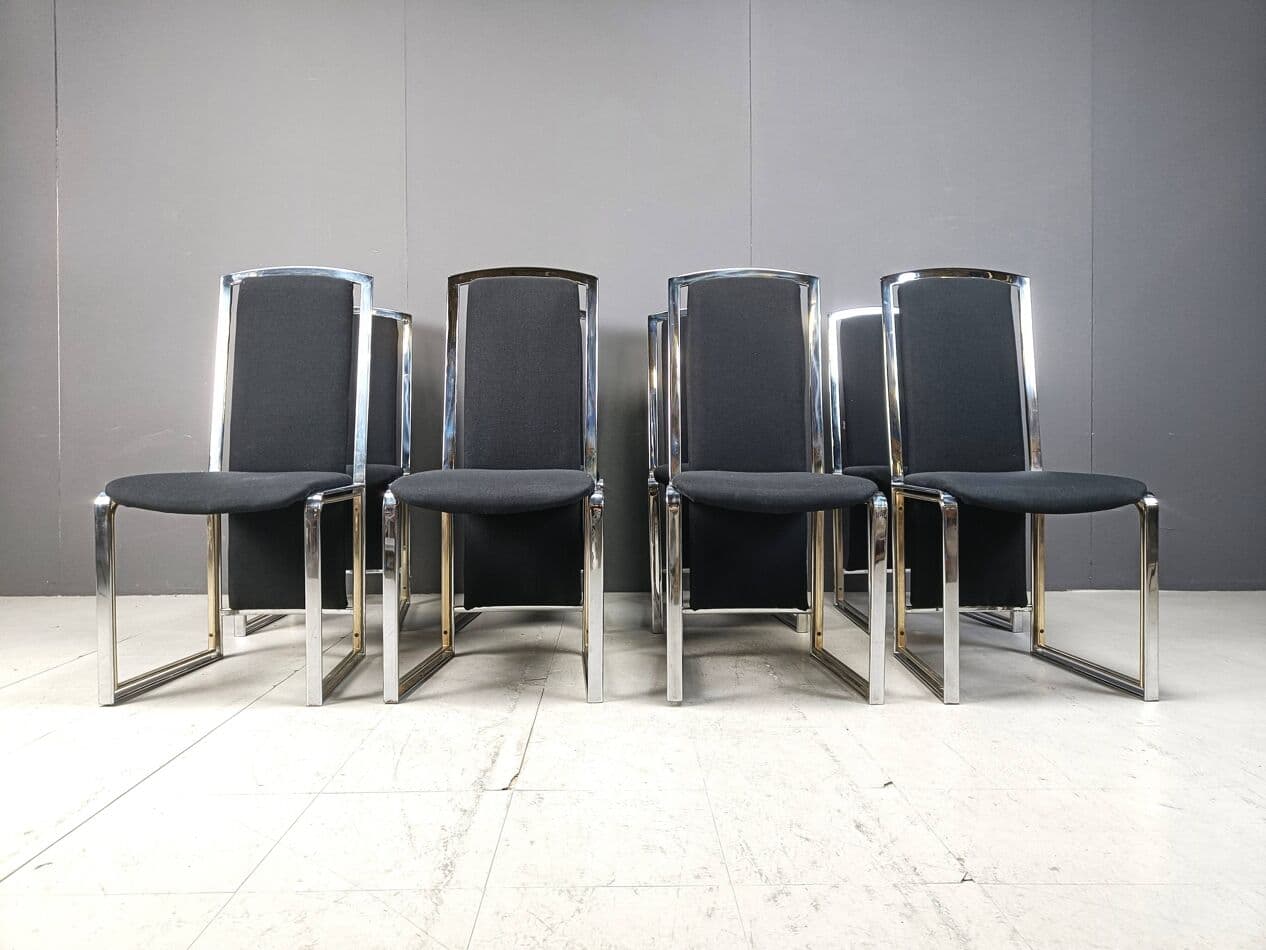 Set of Eight Dining Chairs, black fabric, chrome, brass, Belgium, 1970s - 264301