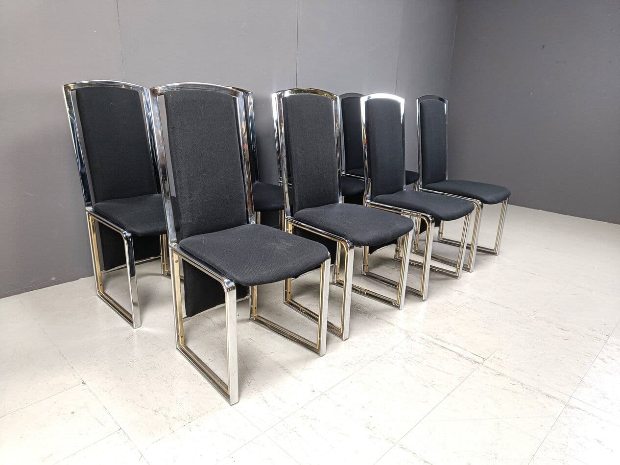 Set of Eight Dining Chairs, black fabric, chrome, brass, Belgium, 1970s - 264302