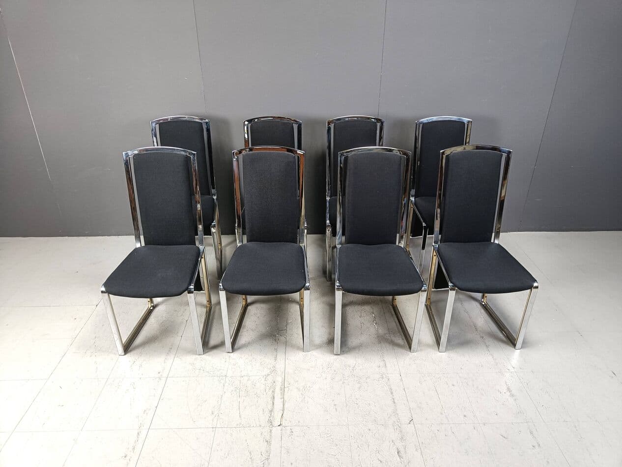 Set of Eight Dining Chairs, black fabric, chrome, brass, Belgium, 1970s - 264298