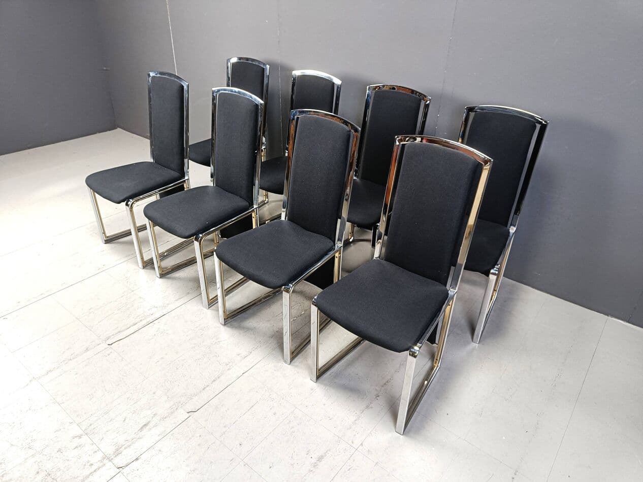 Set of Eight Dining Chairs, black fabric, chrome, brass, Belgium, 1970s - 264304