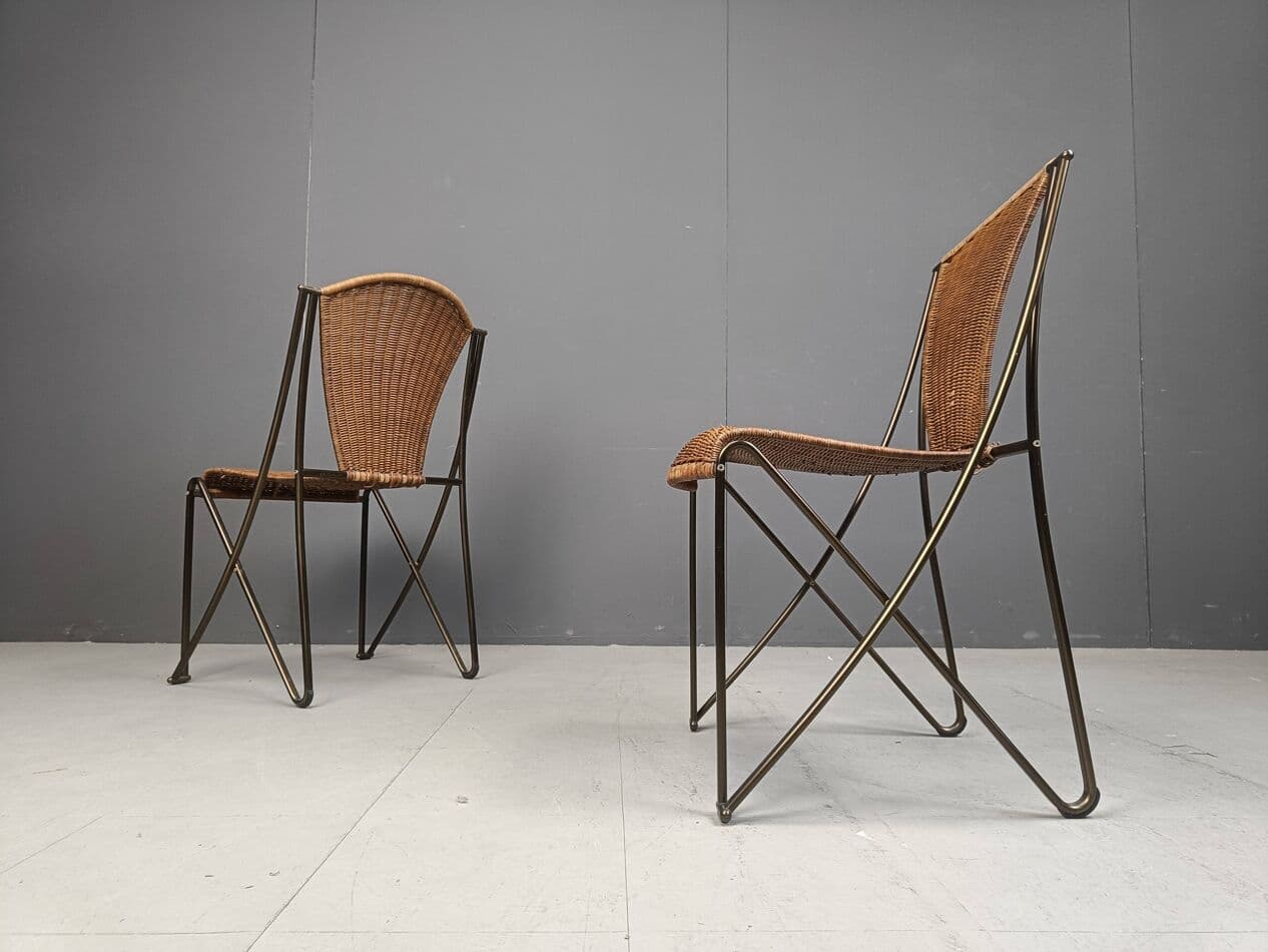Set of Six Chairs Abanica, brown rattan, brown metal, by O. Tusquets, Aleph, 1980s. - 264279