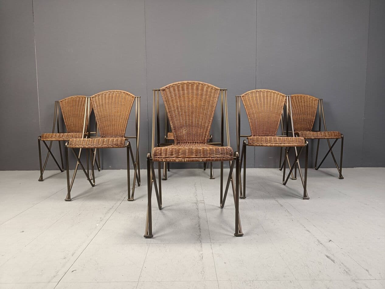 Set of Six Chairs Abanica, brown rattan, brown metal, by O. Tusquets, Aleph, 1980s. - 264274