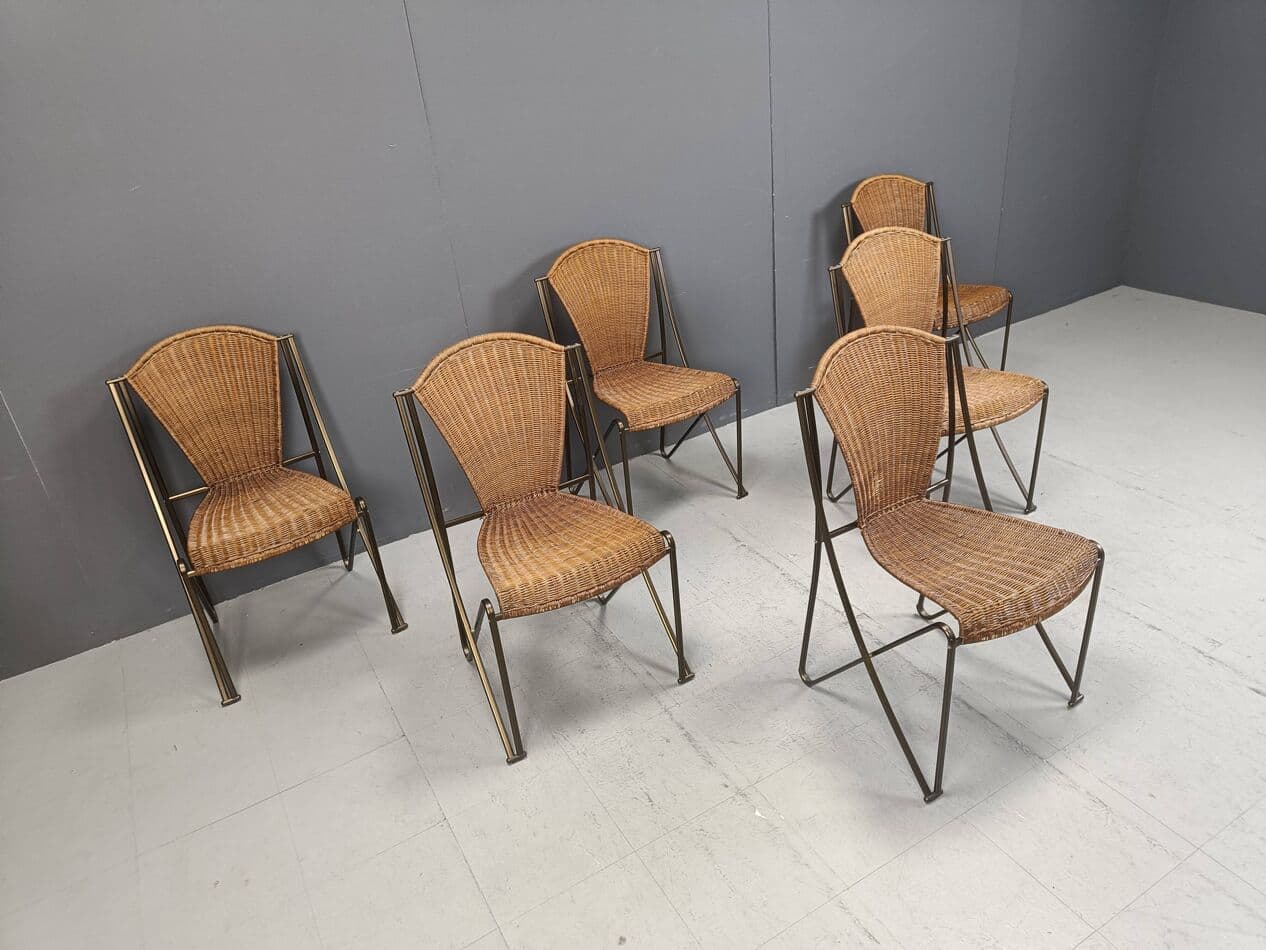 Set of Six Chairs Abanica, brown rattan, brown metal, by O. Tusquets, Aleph, 1980s. - 264276