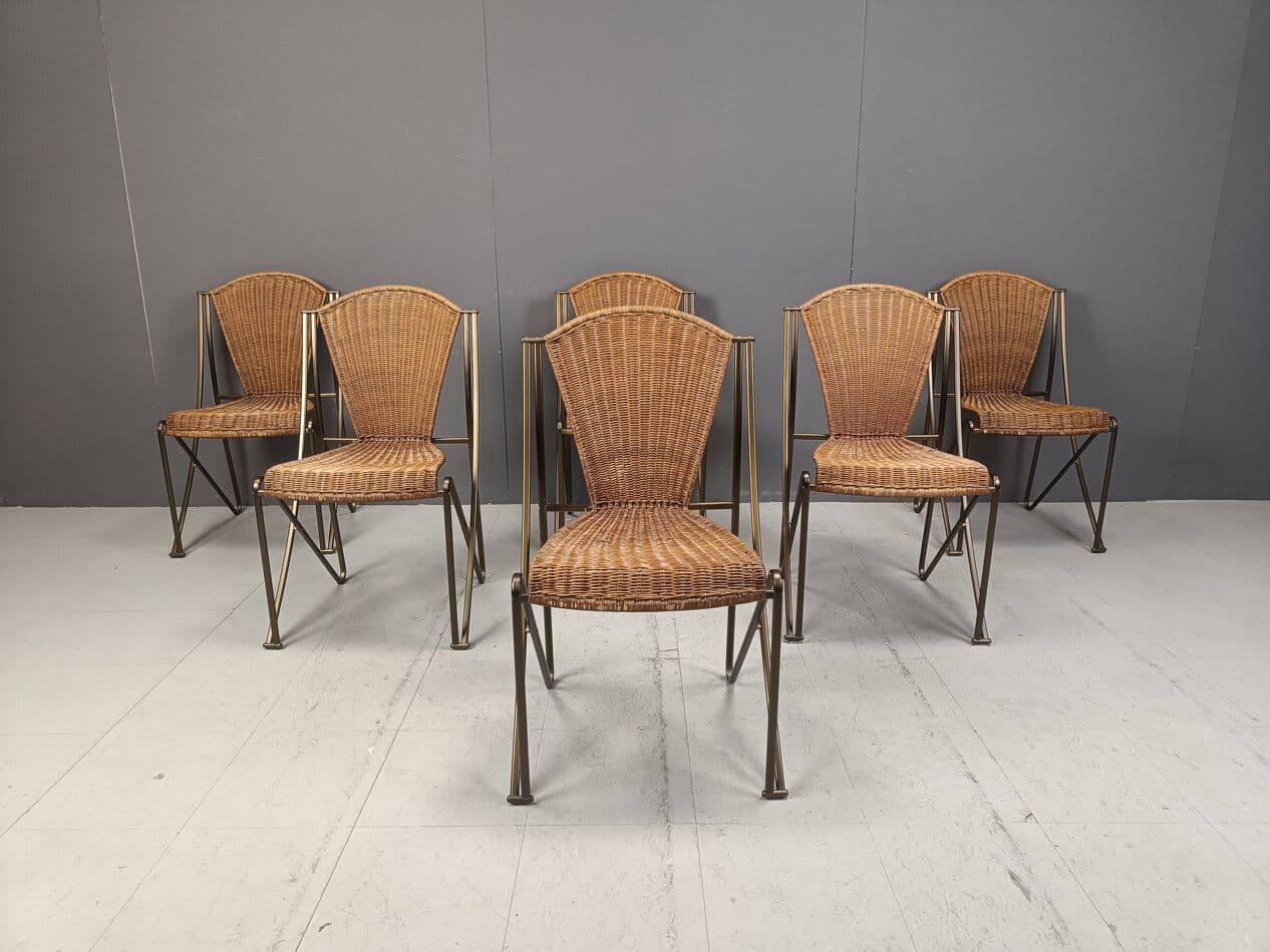 Set of Six Chairs Abanica, brown rattan, brown metal, by O. Tusquets, Aleph, 1980s. - 264273