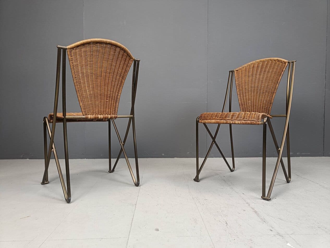 Set of Six Chairs Abanica, brown rattan, brown metal, by O. Tusquets, Aleph, 1980s. - 264278
