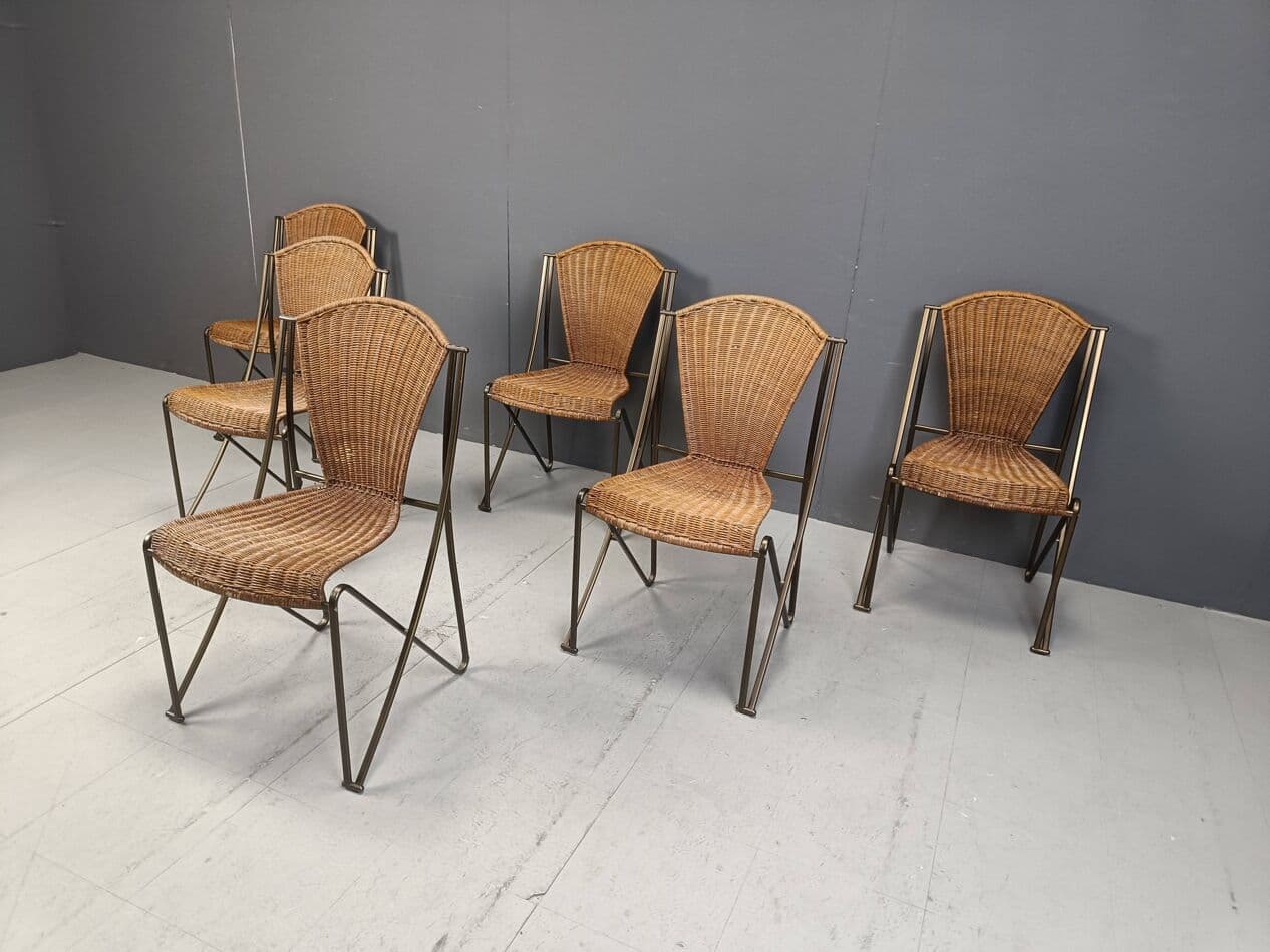 Set of Six Chairs Abanica, brown rattan, brown metal, by O. Tusquets, Aleph, 1980s. - 264275