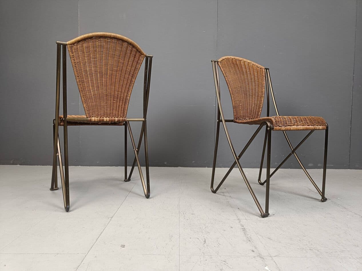 Set of Six Chairs Abanica, brown rattan, brown metal, by O. Tusquets, Aleph, 1980s. - 264280
