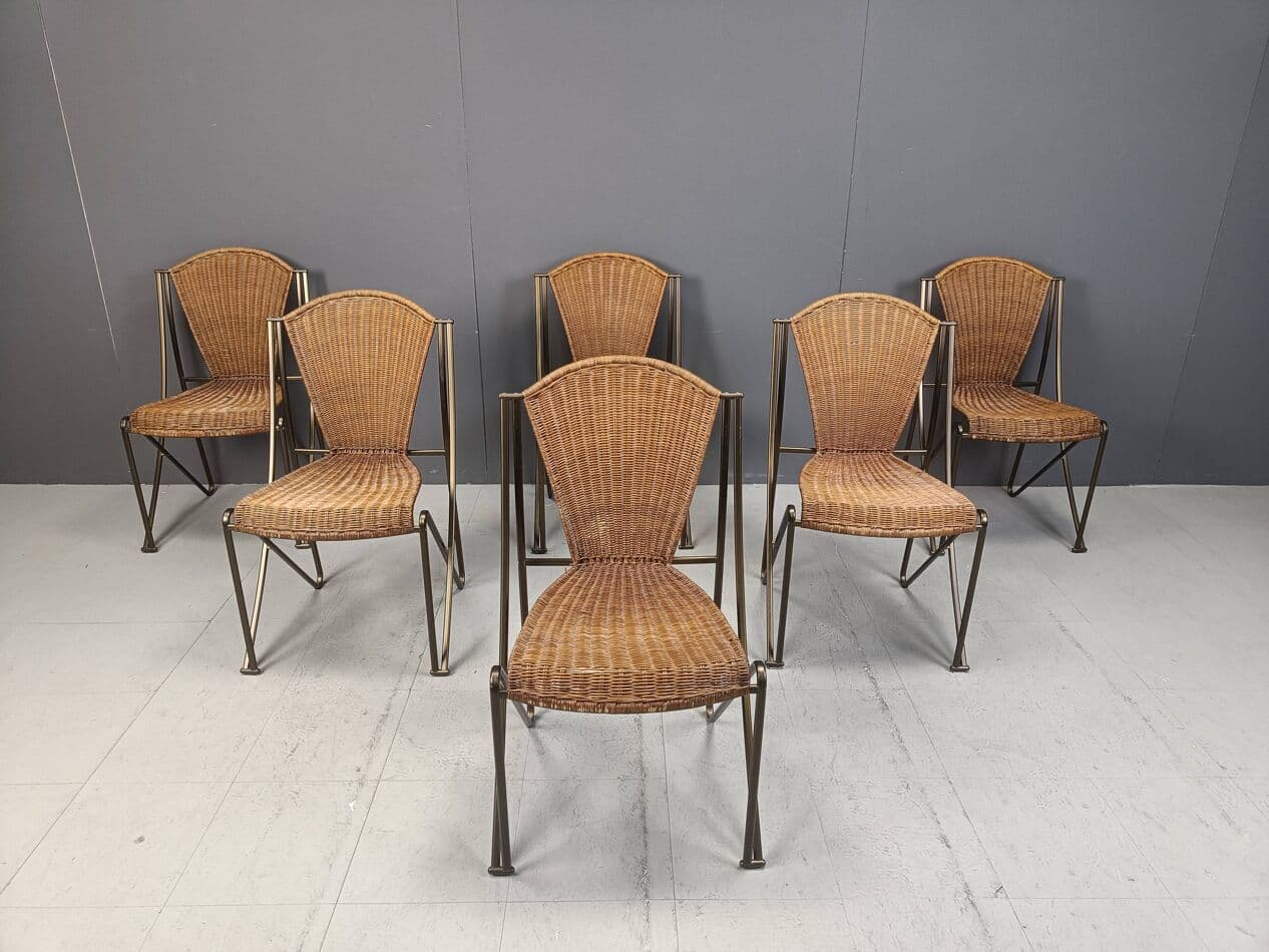 Set of Six Chairs Abanica, brown rattan, brown metal, by O. Tusquets, Aleph, 1980s. - 264270