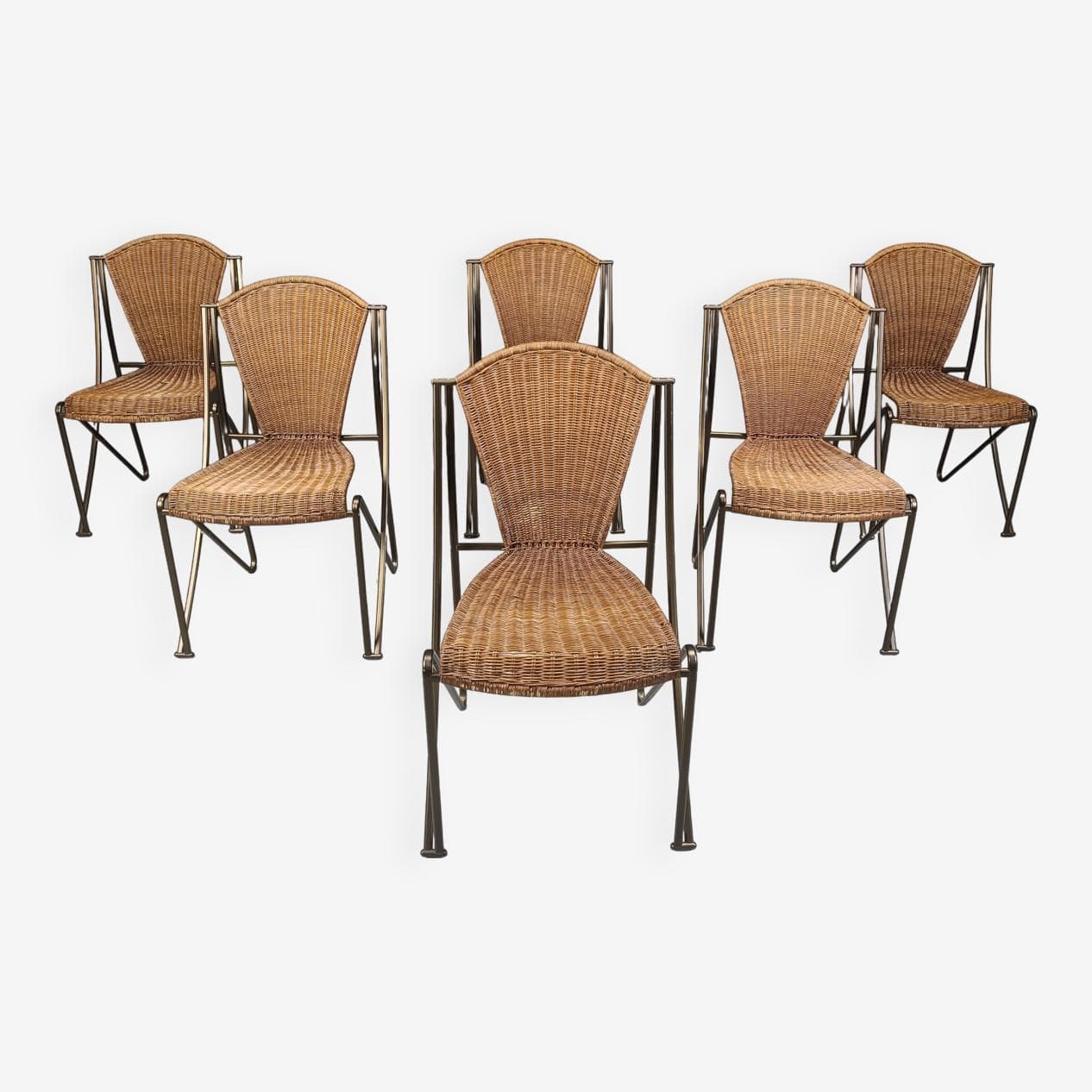 Set of Six Chairs Abanica, brown rattan, brown metal, by O. Tusquets, Aleph, 1980s. - 264272