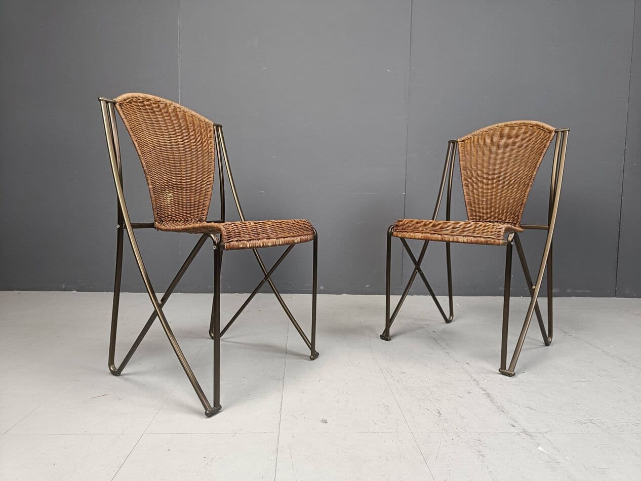 Set of Six Chairs Abanica, brown rattan, brown metal, by O. Tusquets, Aleph, 1980s. - 264277