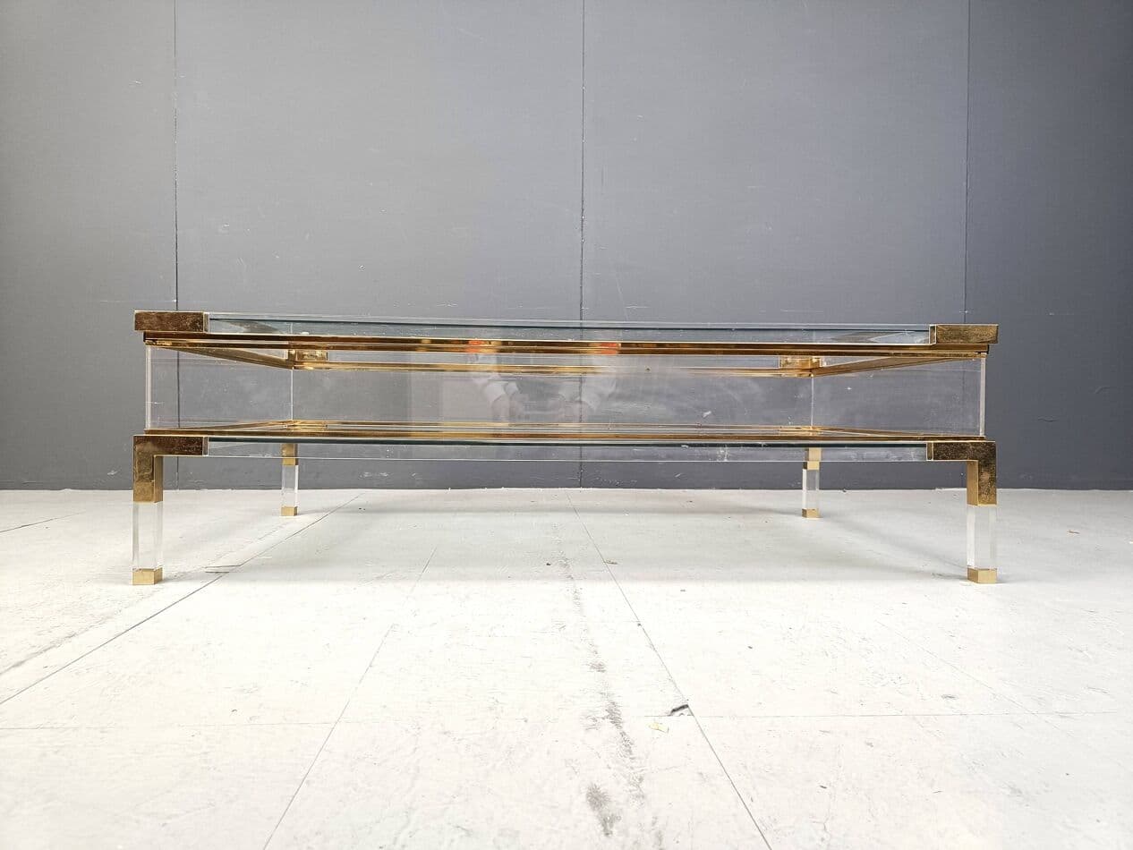 Coffee table, transparent lucite, brass, glass, Belgium, 1970s. - 264224