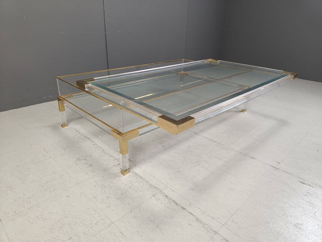 Coffee table, transparent lucite, brass, glass, Belgium, 1970s. - 264228