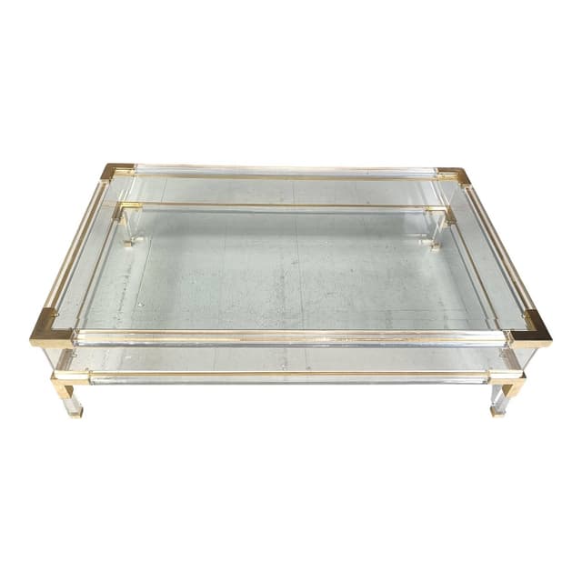 Coffee table, transparent lucite, brass, glass, Belgium, 1970s. - DIMENSION