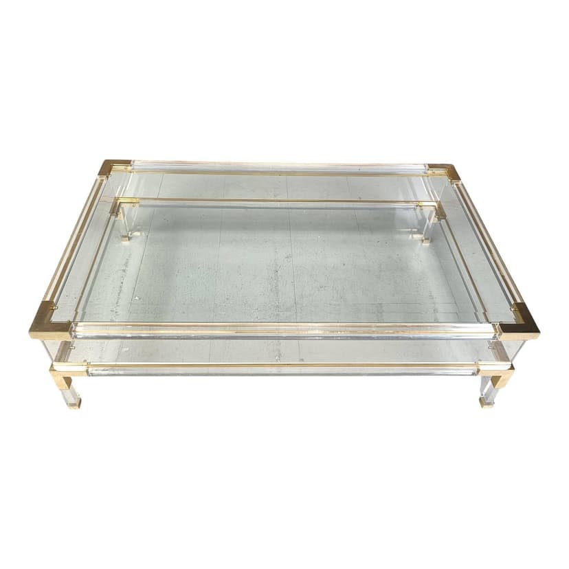 Coffee table, transparent lucite, brass, glass, Belgium, 1970s.