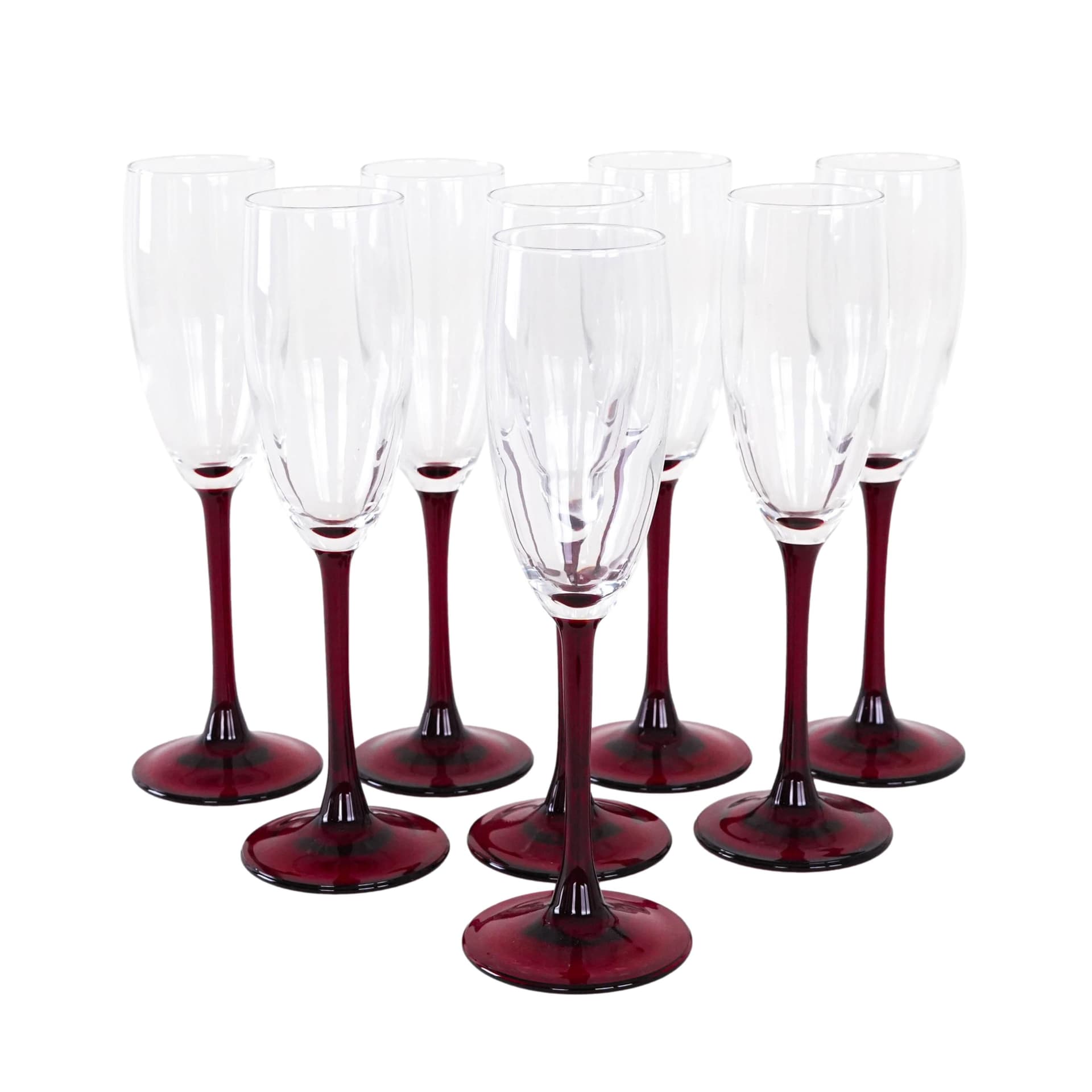 Set of champagne flutes, transparent glass red, Luminarc, France, 1970s.
