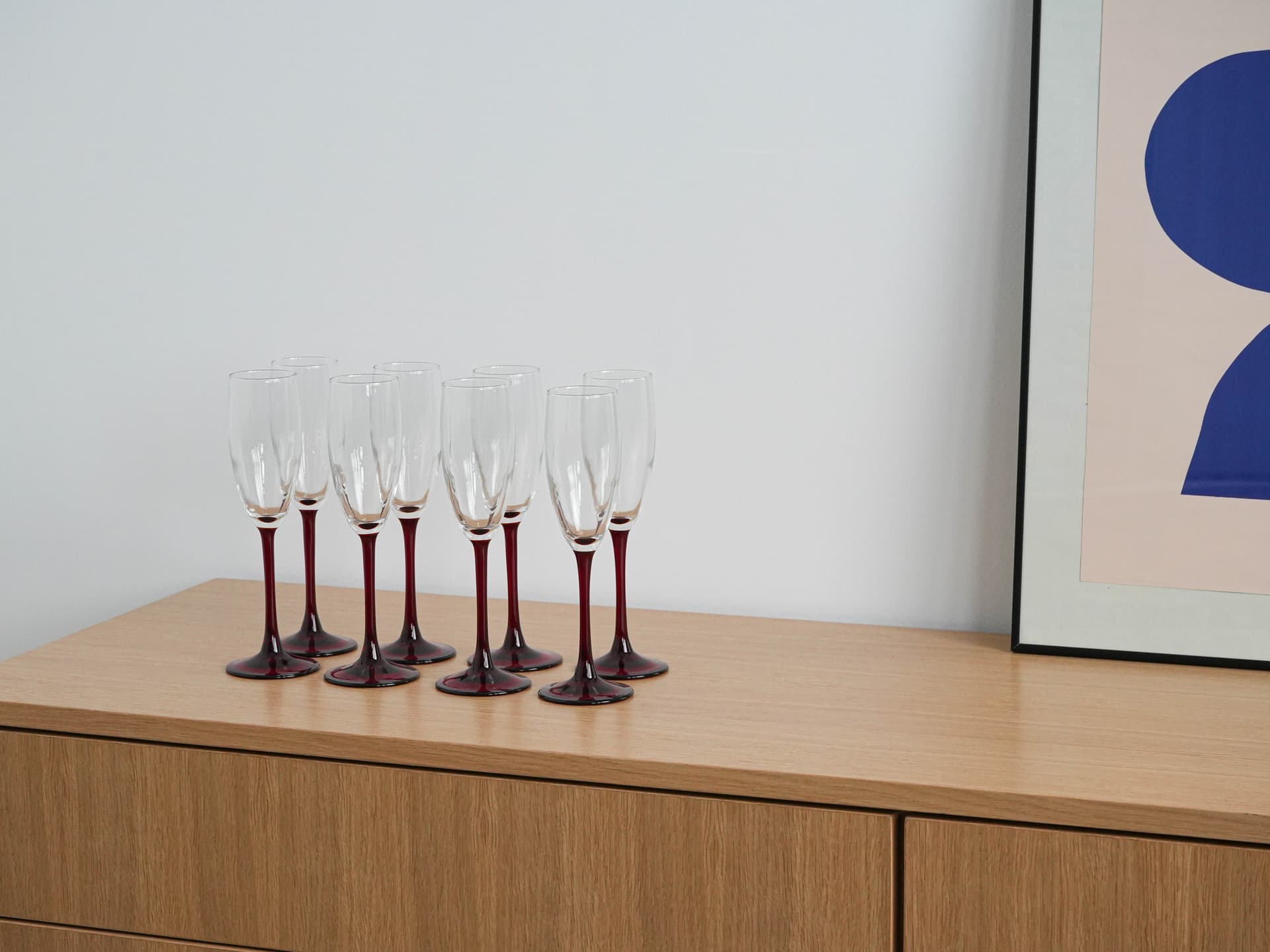 Set of champagne flutes, transparent glass red, Luminarc, France, 1970s. - 262422