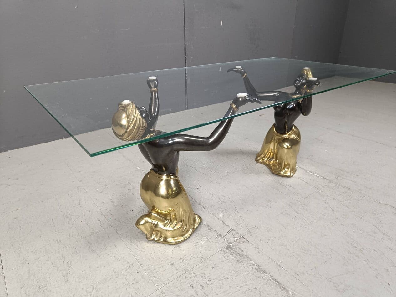 Stolik kawowy Blackamoor, mosiądz złoty, szkło, metal, Włochy, lata 70. - 264207