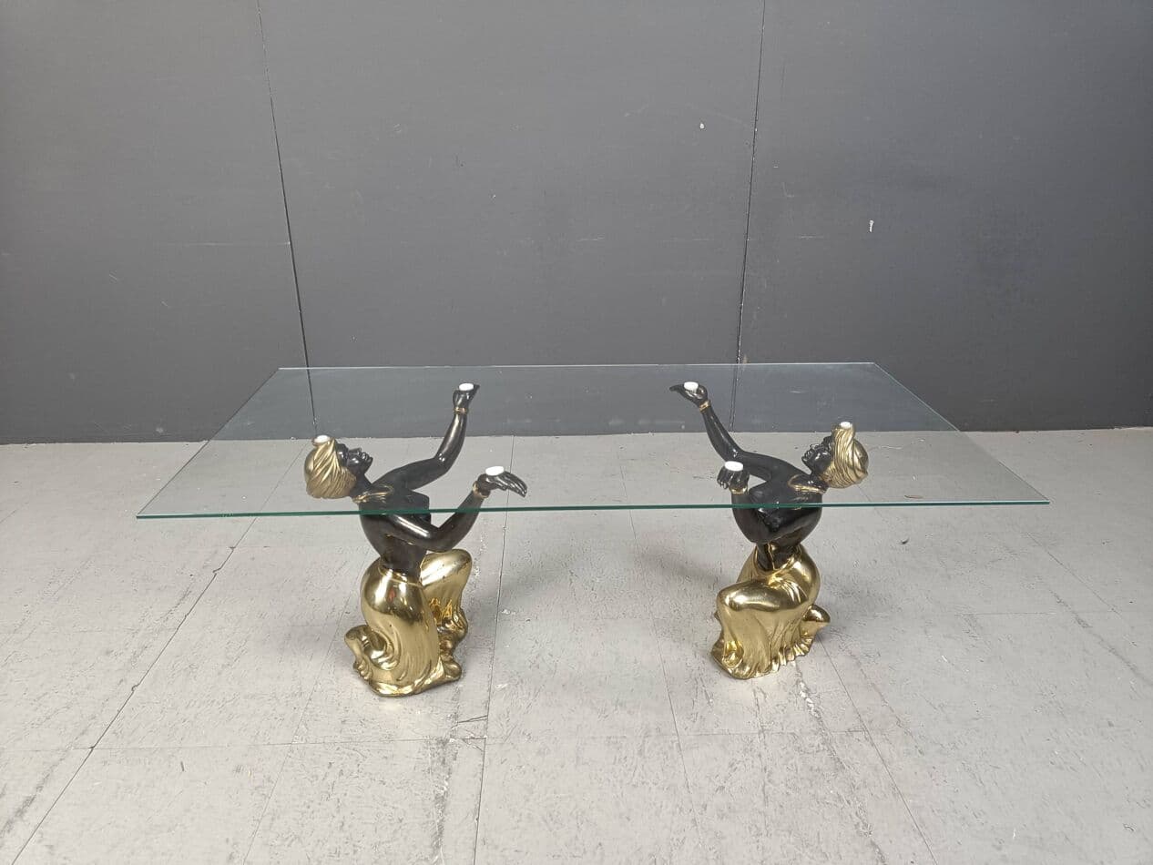 Stolik kawowy Blackamoor, mosiądz złoty, szkło, metal, Włochy, lata 70. - 264203