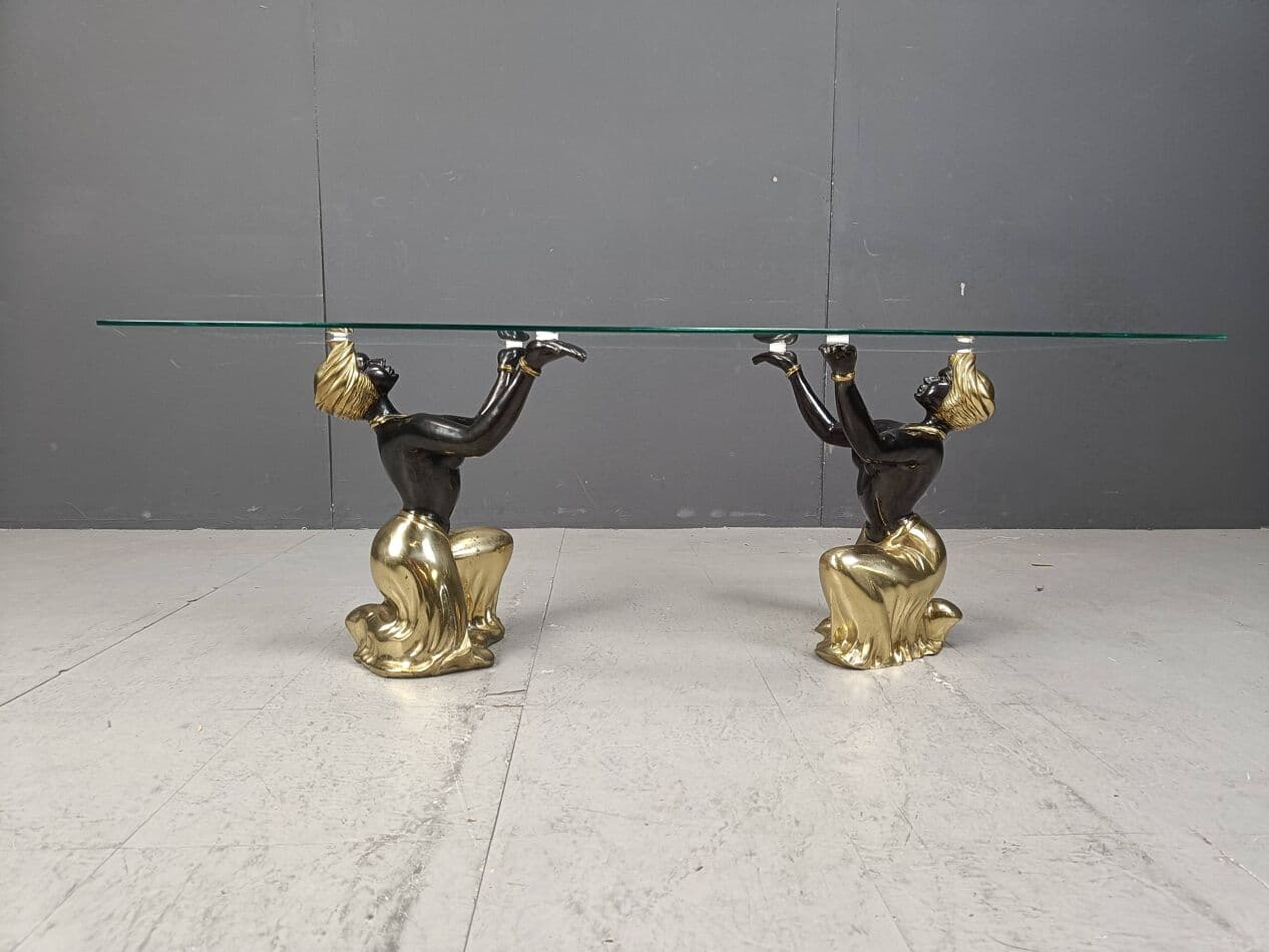 Stolik kawowy Blackamoor, mosiądz złoty, szkło, metal, Włochy, lata 70. - 264205