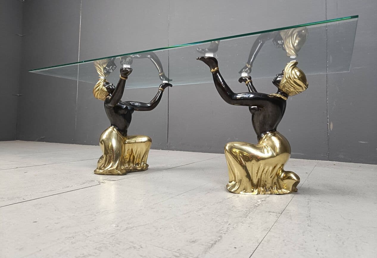 Stolik kawowy Blackamoor, mosiądz złoty, szkło, metal, Włochy, lata 70. - 264201