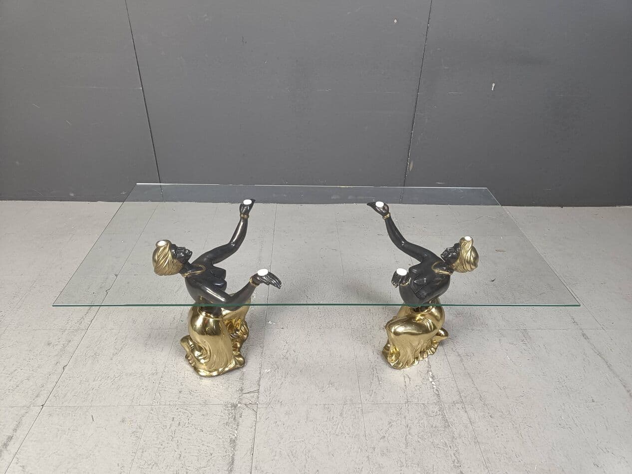 Stolik kawowy Blackamoor, mosiądz złoty, szkło, metal, Włochy, lata 70. - 264202