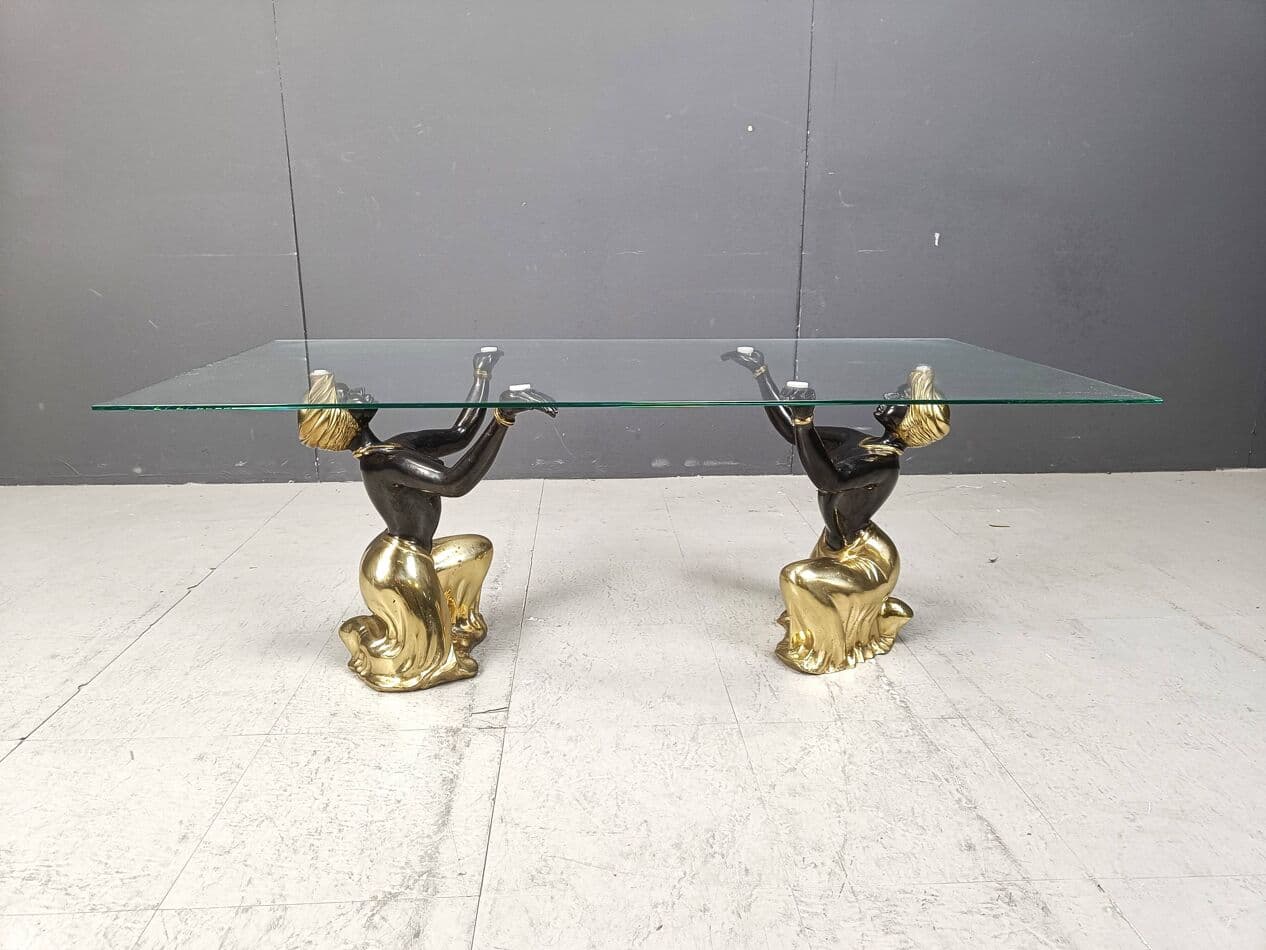 Stolik kawowy Blackamoor, mosiądz złoty, szkło, metal, Włochy, lata 70. - 264204