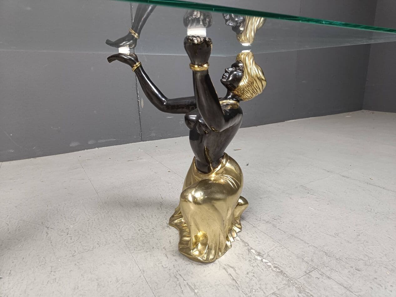 Stolik kawowy Blackamoor, mosiądz złoty, szkło, metal, Włochy, lata 70. - 264200