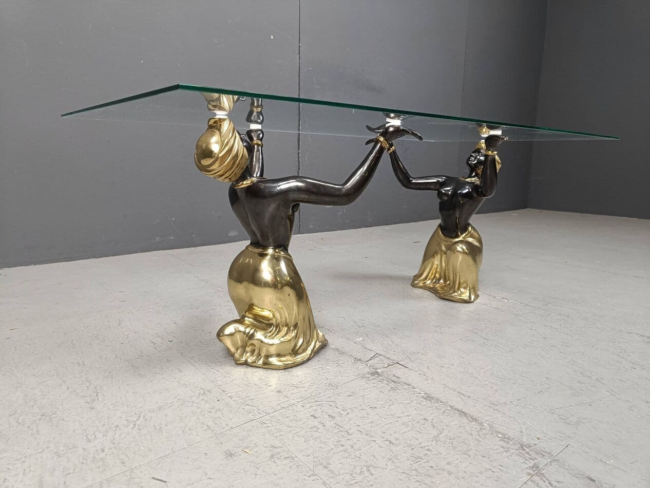 Stolik kawowy Blackamoor, mosiądz złoty, szkło, metal, Włochy, lata 70. - 264206