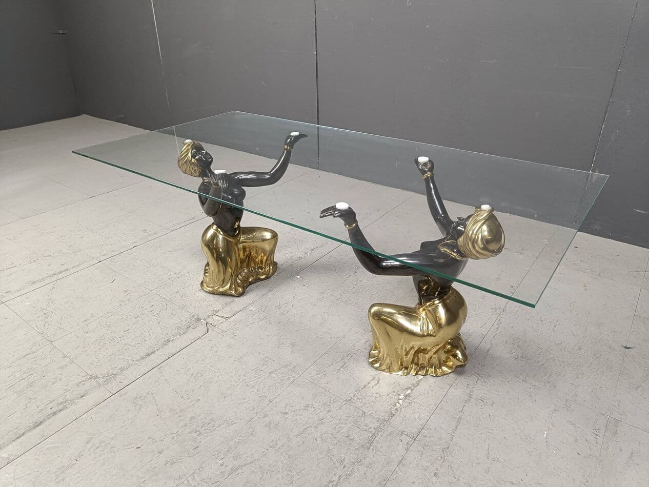 Stolik kawowy Blackamoor, mosiądz złoty, szkło, metal, Włochy, lata 70. - 264198