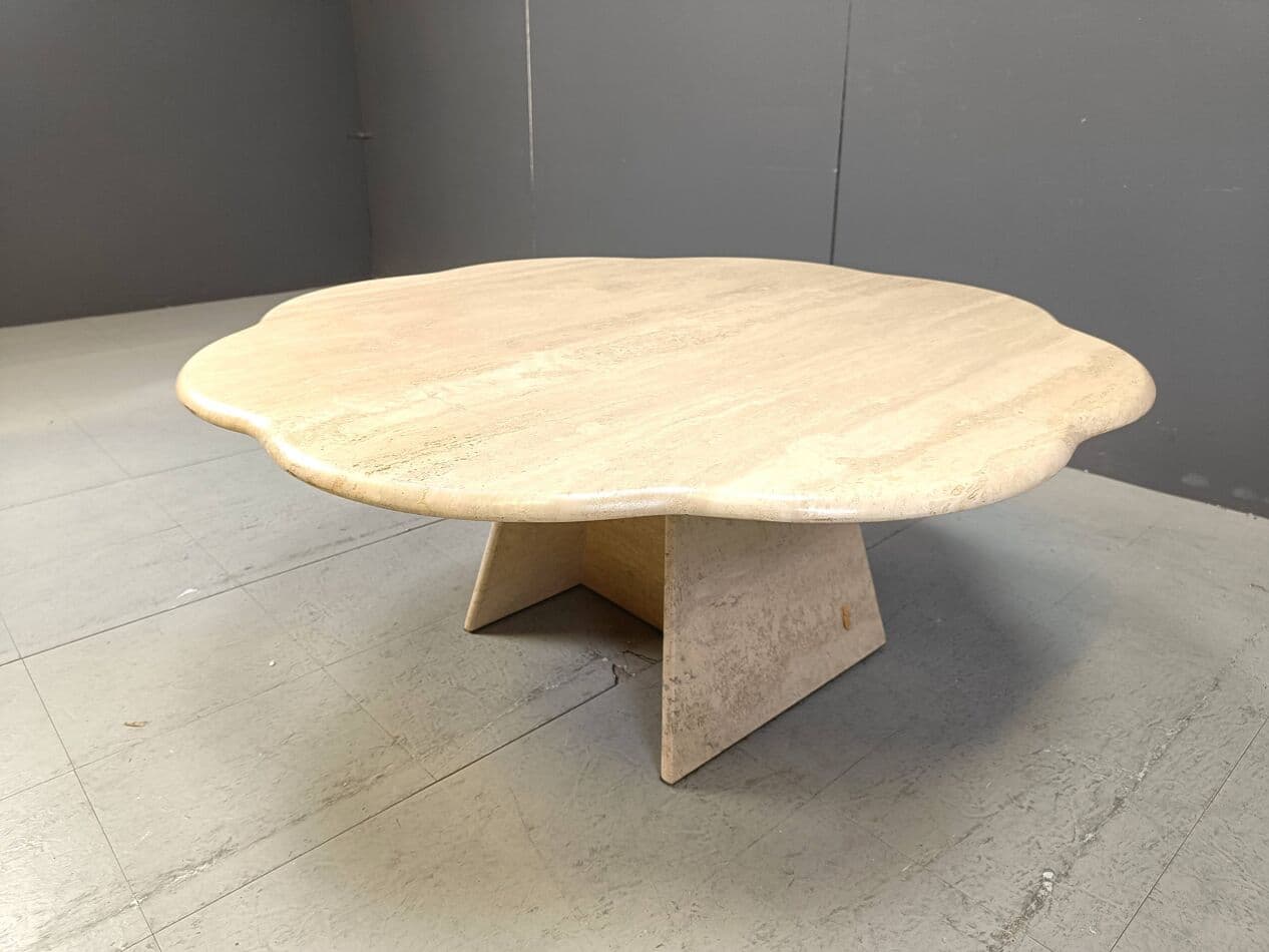 Coffee table flower, beige travertine, Italy, 1970s. - 264181