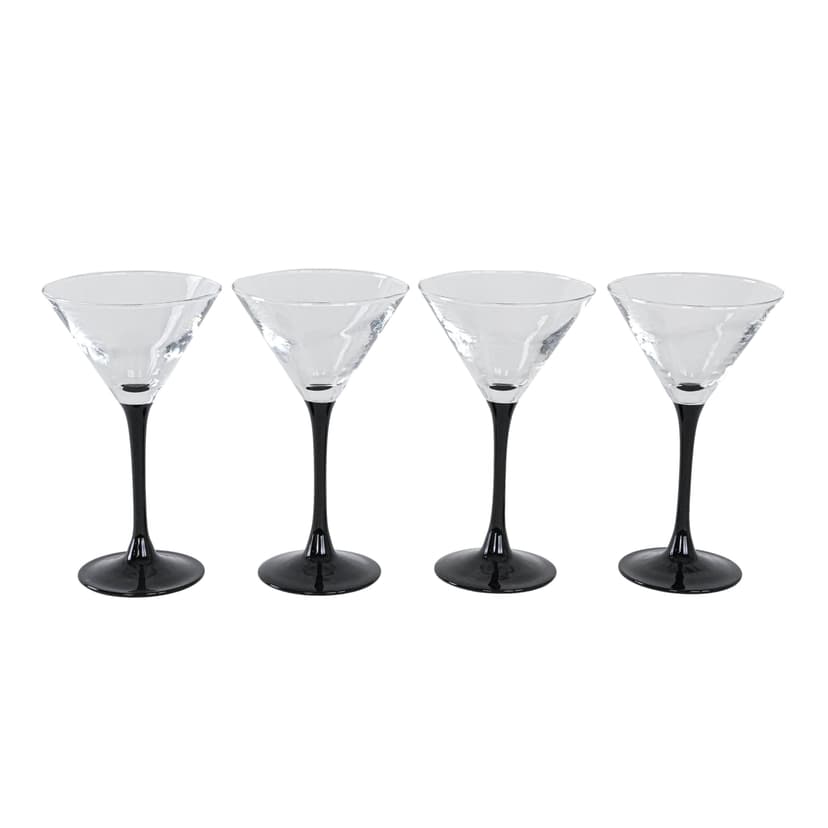 Komplet kieliszków do martini, szkło przezroczyste czarne, Dania, lata 70.