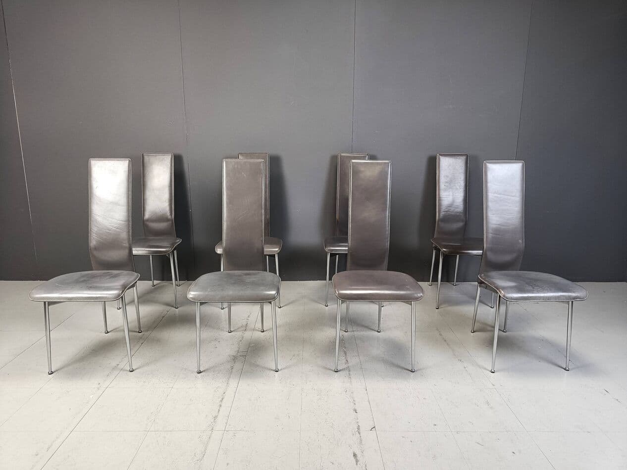 Set of eight chairs, grey leather, chrome, by G. Vegni, Fasem, Italy, 1980s. - 264155