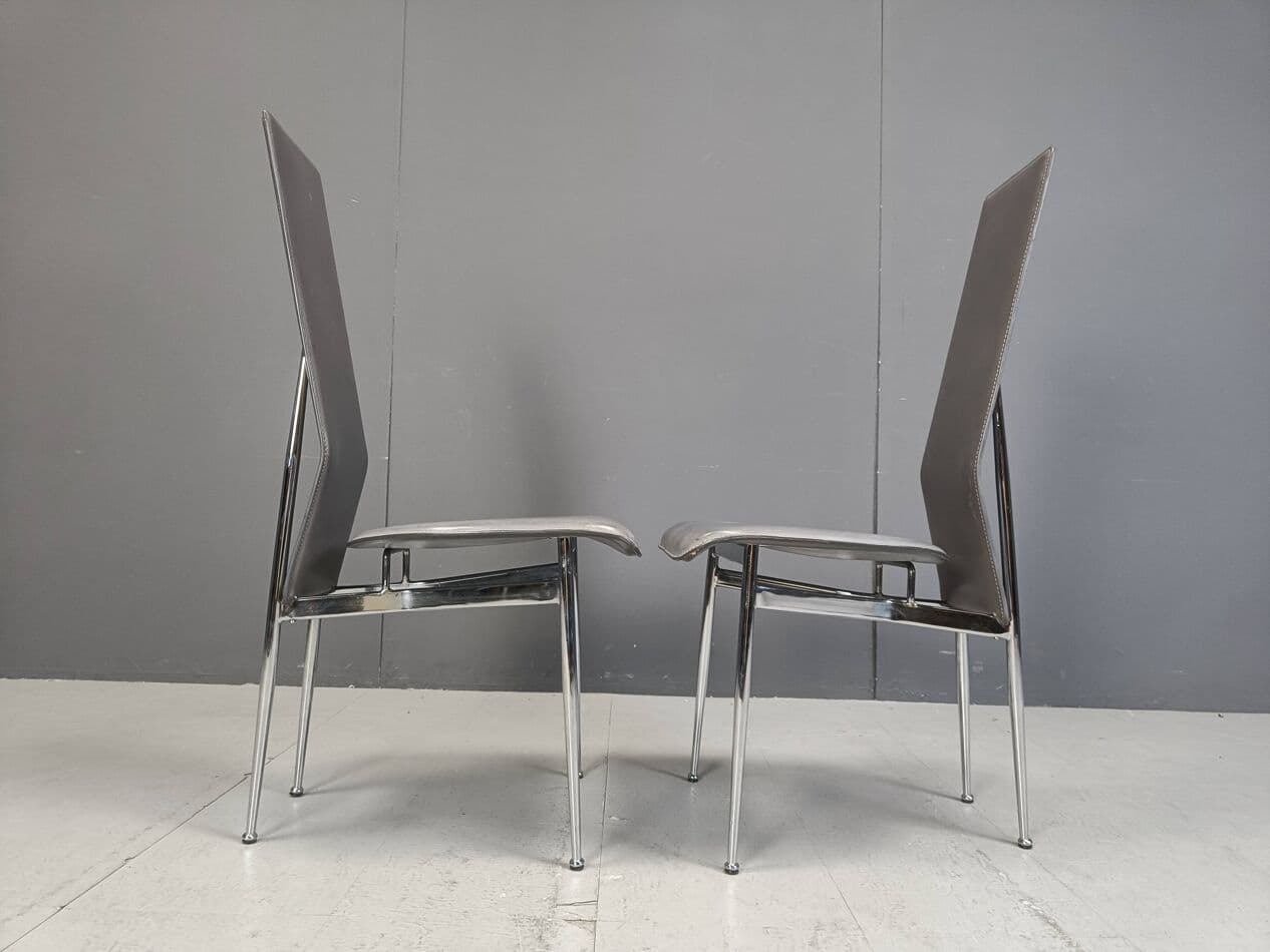 Set of eight chairs, grey leather, chrome, by G. Vegni, Fasem, Italy, 1980s. - 264162