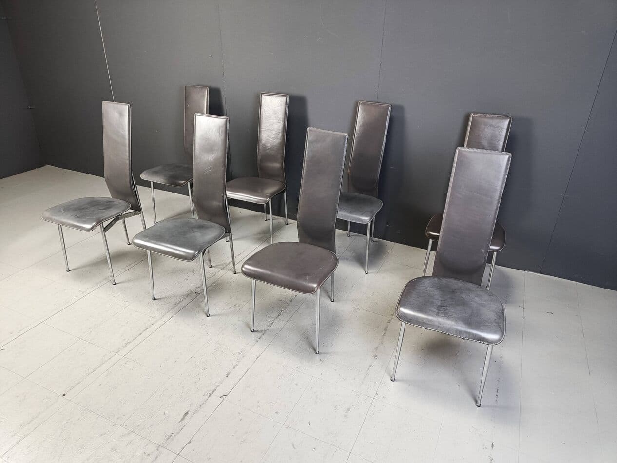 Set of eight chairs, grey leather, chrome, by G. Vegni, Fasem, Italy, 1980s. - 264157