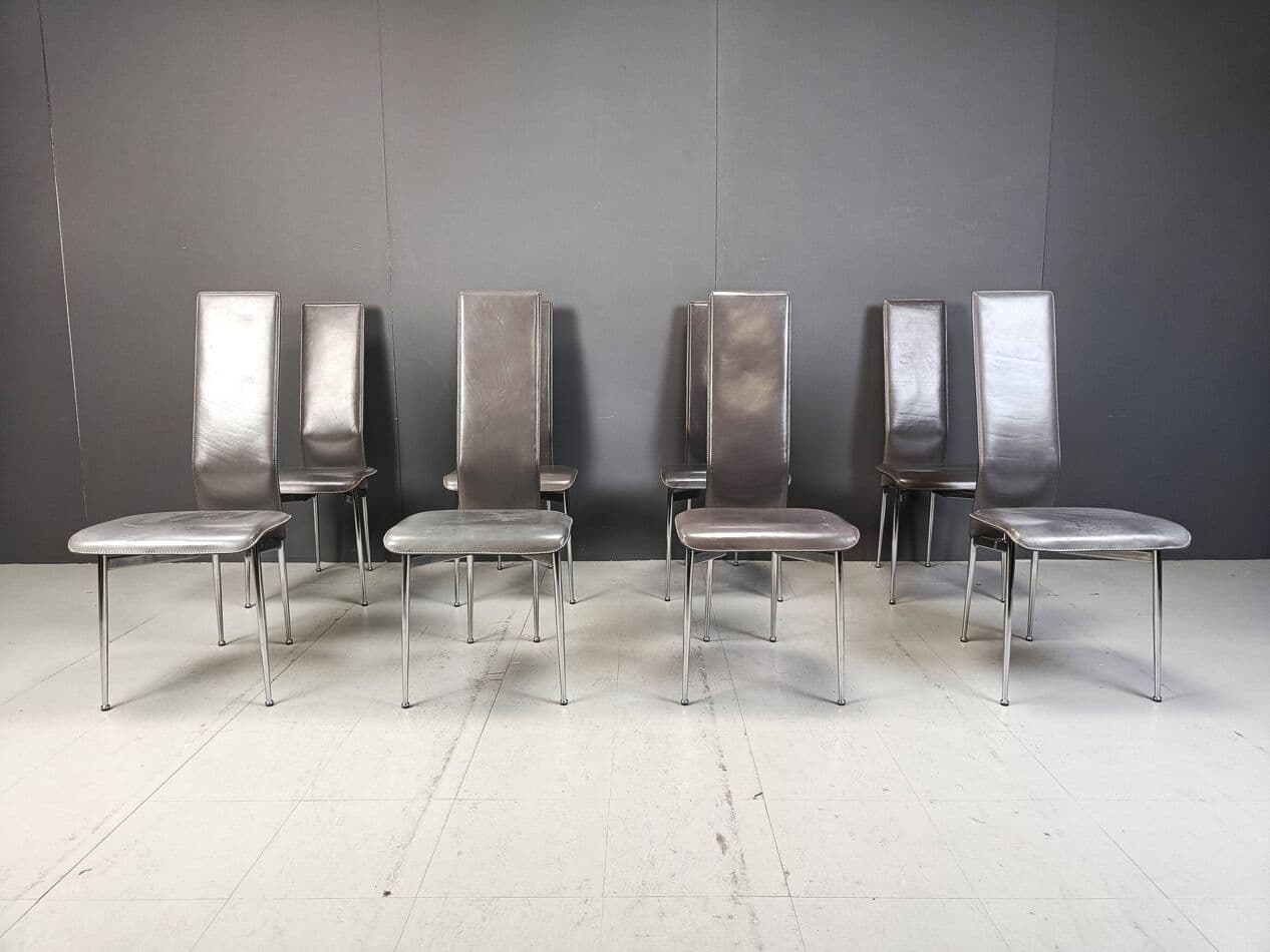 Set of eight chairs, grey leather, chrome, by G. Vegni, Fasem, Italy, 1980s. - 264156