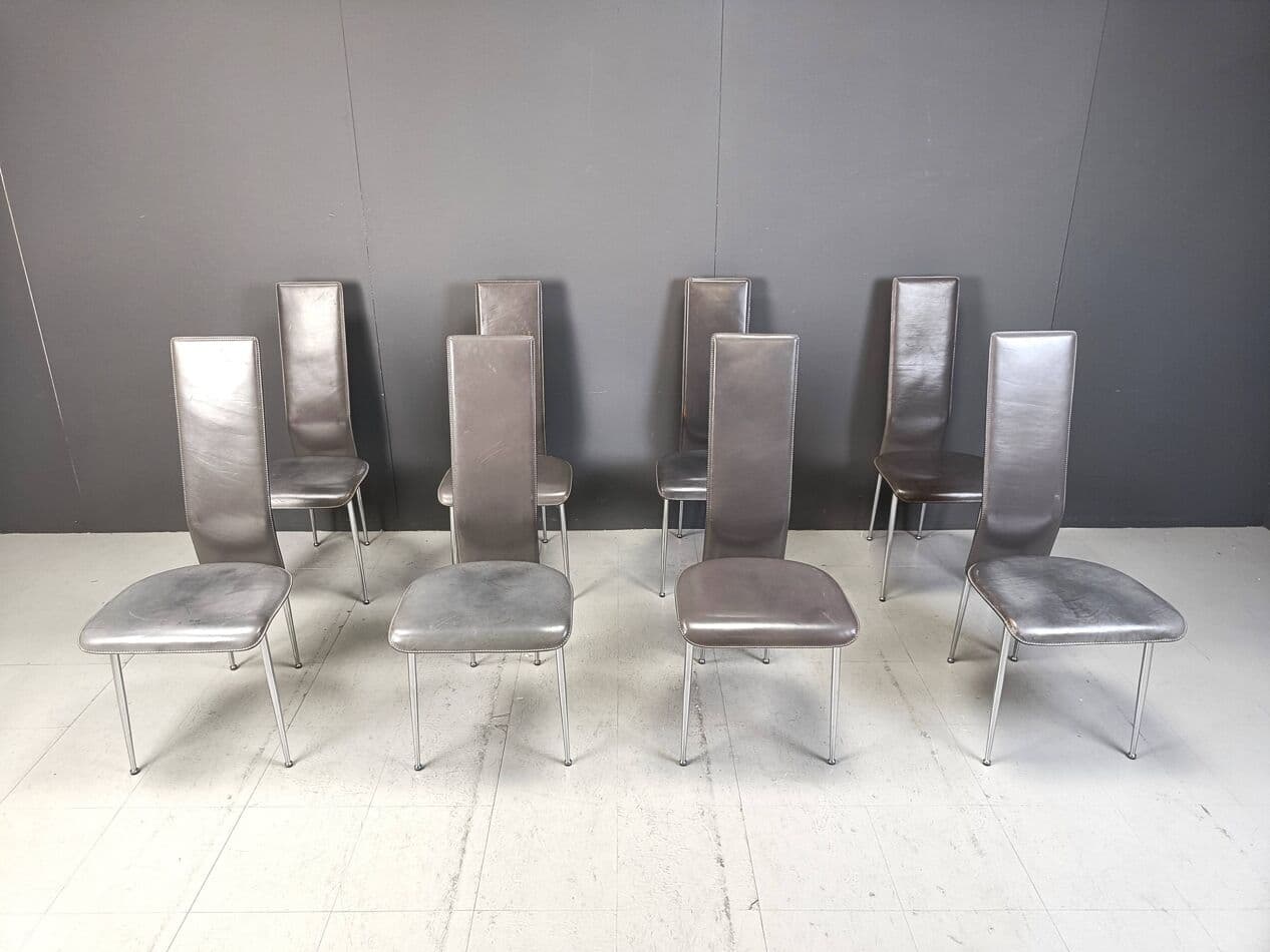 Set of eight chairs, grey leather, chrome, by G. Vegni, Fasem, Italy, 1980s. - 264153