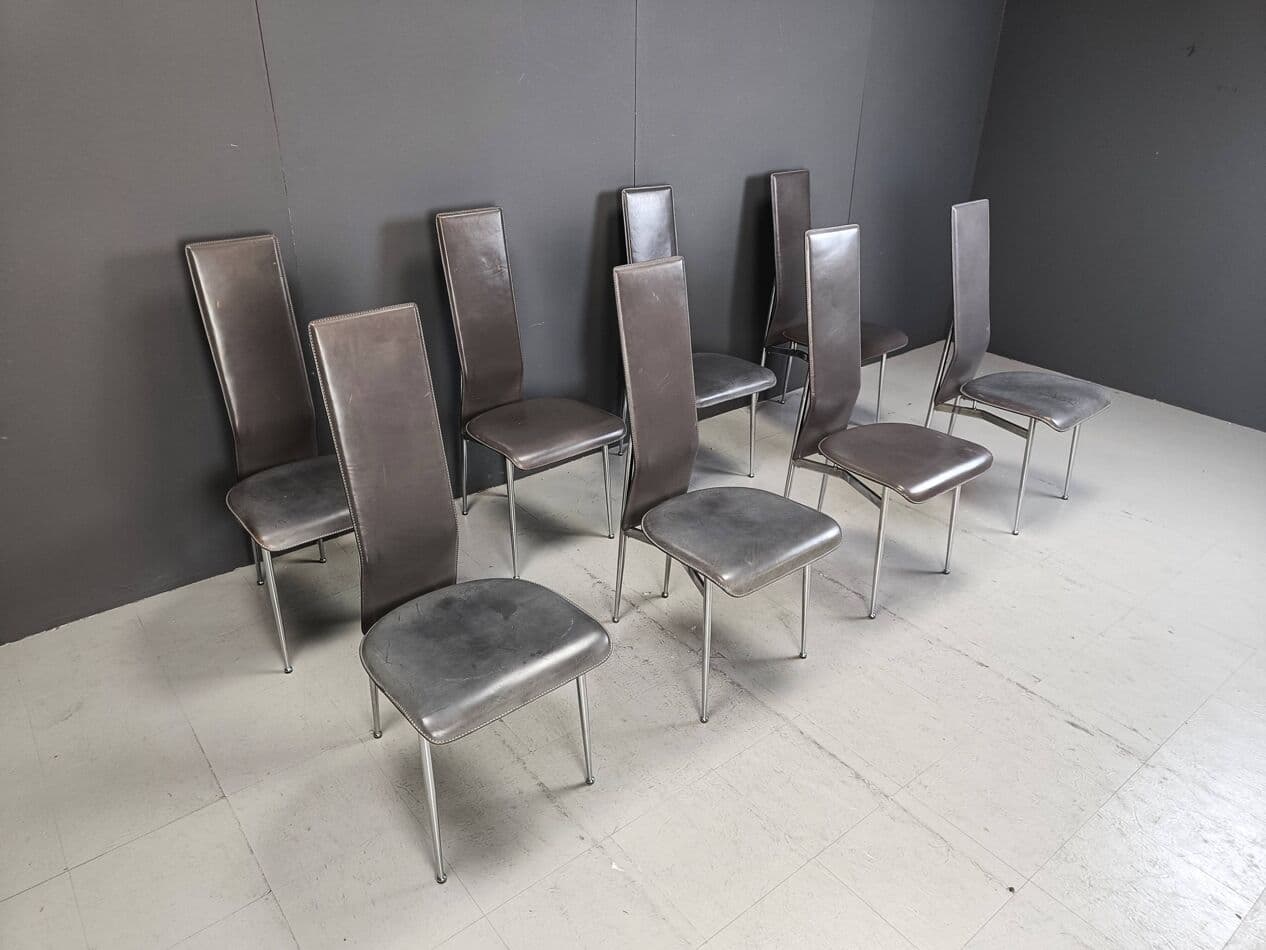Set of eight chairs, grey leather, chrome, by G. Vegni, Fasem, Italy, 1980s. - 264158