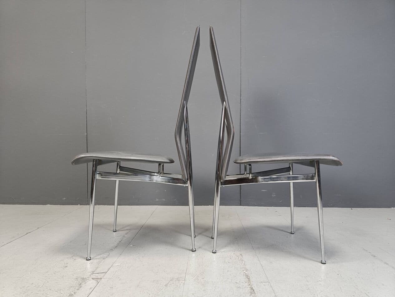 Set of eight chairs, grey leather, chrome, by G. Vegni, Fasem, Italy, 1980s. - 264161