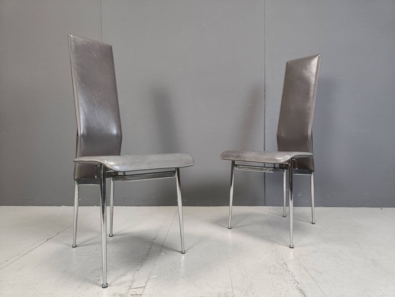 Set of eight chairs, grey leather, chrome, by G. Vegni, Fasem, Italy, 1980s. - 264160