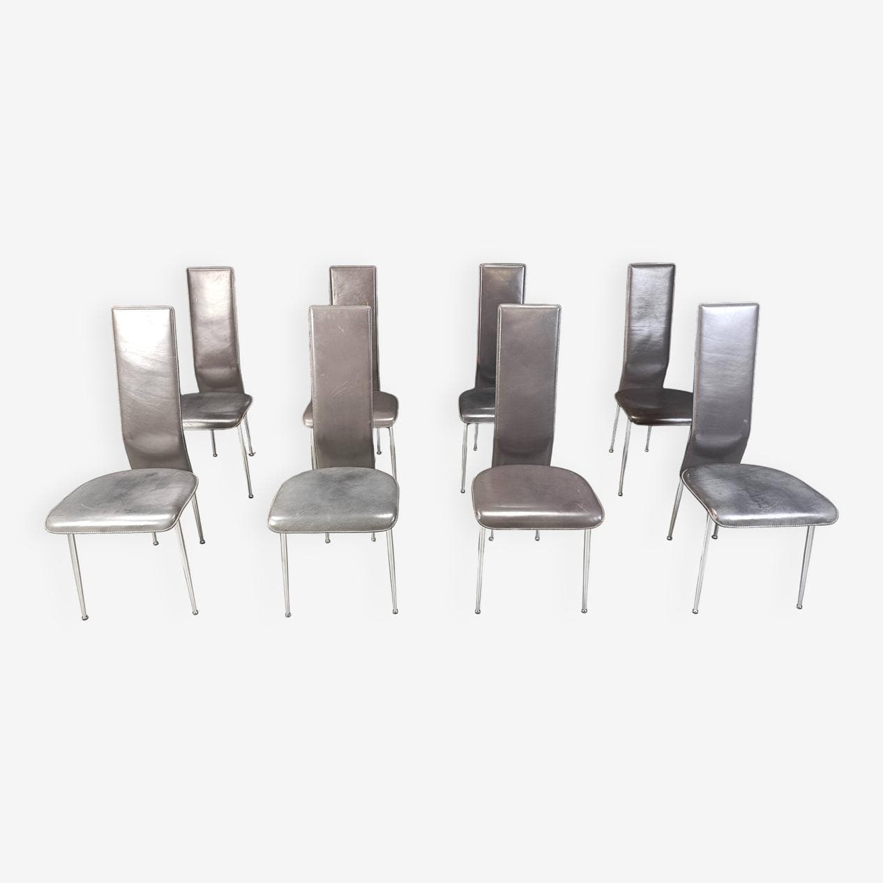 Set of eight chairs, grey leather, chrome, by G. Vegni, Fasem, Italy, 1980s. - 264154
