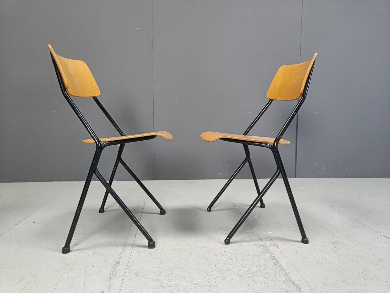 Set of six chairs, brown plywood, black steel, Netherlands, 1970s. - 264150